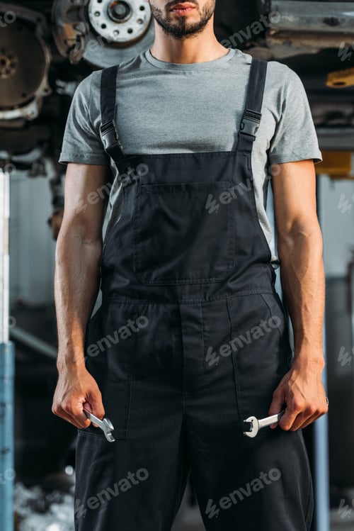 Preview: cropped view of professional auto mechanic holding two wrenches in workshop