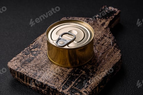 Preview: Round metal can with canned fish or meat with a key