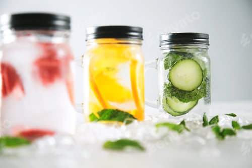 Preview: Close focus on last jar Healthy fresh cool homemade lemonades