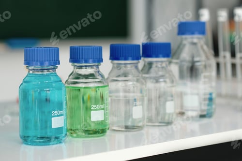 Preview: Scientific Laboratory Bottles Containing Various Liquids