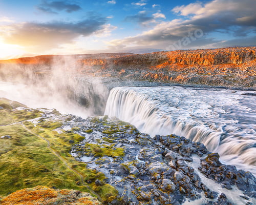 Preview: Breathtaking sunset view of the most powerful waterfall in Europe called Dettifoss