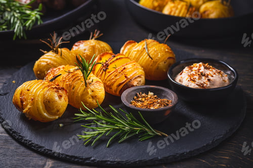 Preview: Hasselback potatoes with additional herbs, spices and whipped feta dip