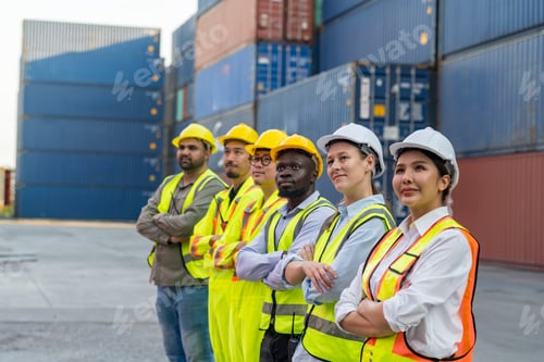 Preview: Skilled workers in safety gear stand confidently near shipping containers during the day