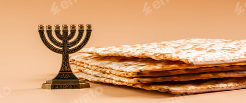Preview: Happy Passover. Traditional Jewish menorah candlestick and matzo bread