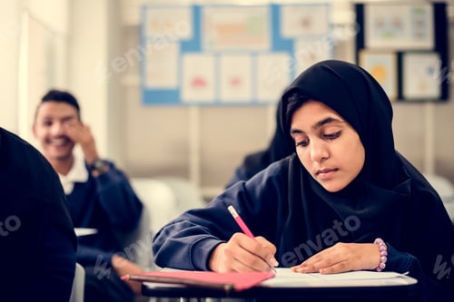 Preview: diverse muslim children studying in classroom