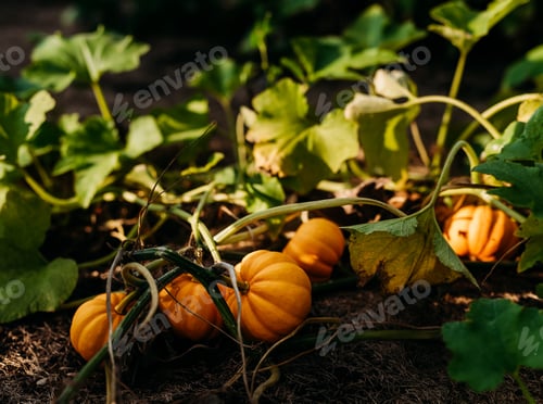 Preview: Closeup shot of small pumpkins growing in the soil on a farm