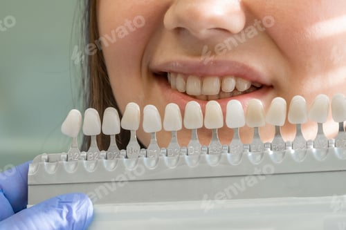 Preview: Dentist selects color palette for dental treatment smiling woman at clinic. Teeth enamel whitening c