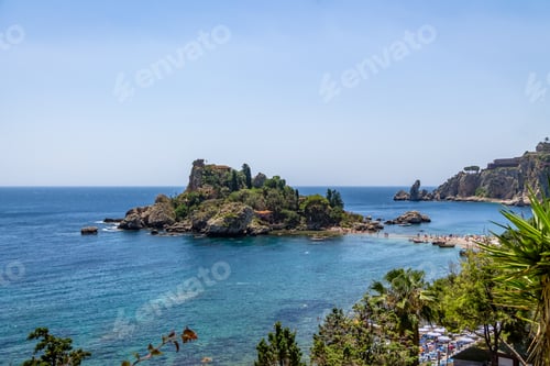 Preview: Aerial view of Isola Bella island and beach - Taormina, Sicily, Italy