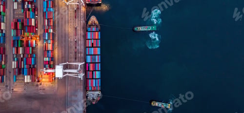 Preview: Cargo container ship with tug boat are working drag container ship out from