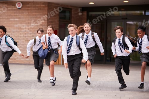 Preview: Group Of High School Students Wearing Uniform Running Out Of School Buildings