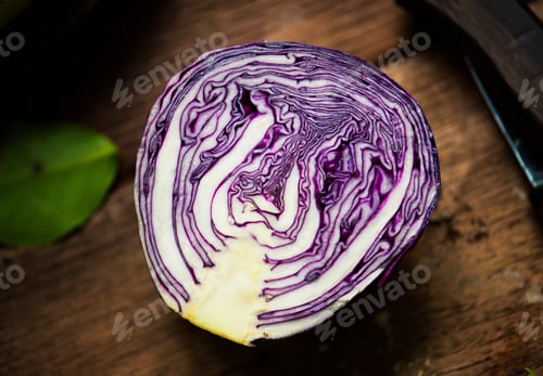 Preview: Closeup of fresh cut organic red cabbage