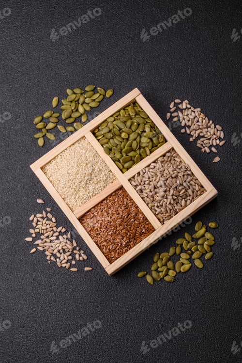 Preview: Flax, pumpkin, sunflower, and sesame seeds, ingredients for healthy eating