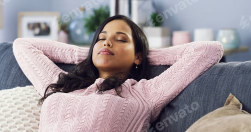 Preview: Tired, woman and sleeping to rest at house for afternoon nap, weekend break and comfort in lounge.