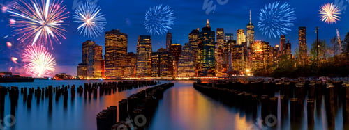 Preview: Sparkling celebration fireworksNew York City Manhattan skyline with skyscrapers over Hudson River