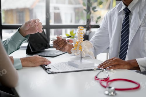 Preview: Doctor showing anatomical model of human spine to patient