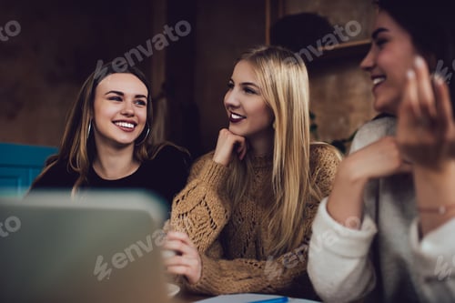 Preview: Female students having break while doing homework on laptop