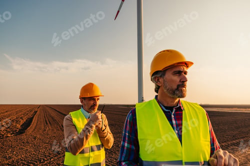 Preview: Two engineers at windmill field using technology