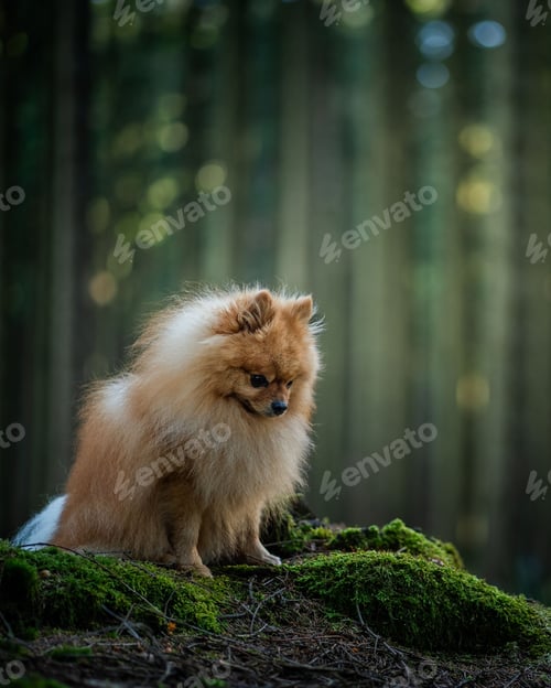 Preview: Fluffy Pomeranian dog sitting on a mossy forest floor with a blurred background