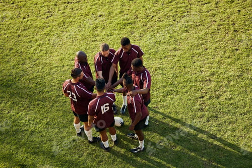 Preview: Soccer group, men and hands for motivation, support and game strategy talk on sport field. Above, w