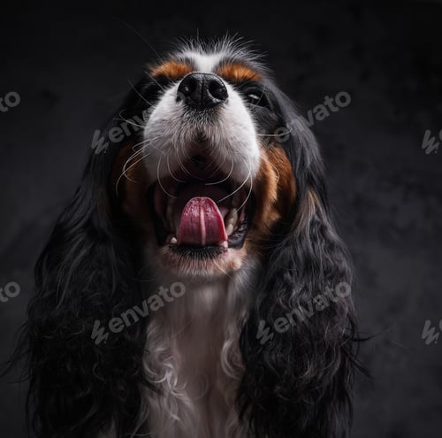 Preview: Panting little dog with opened mouth against dark background