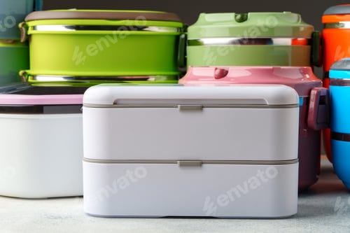 Preview: Many plastic food containers in a shop for background