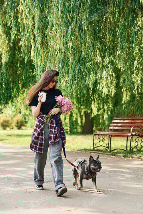 Preview: Hawing a walk. Young pretty woman is with her dog in the park
