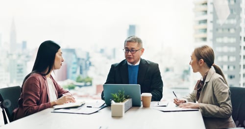 Preview: Japan, laptop and business people in meeting, teamwork and conversation with connection. Employees,