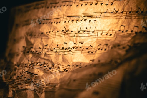 Visualização: Folha de música amassada iluminada por luz quente