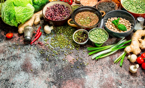 Preview: Healthy food. Assortment of Fruits and vegetables with legumes.