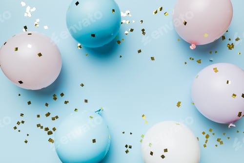 Visualização: Conceito de decoração de festa plana em fundo de cor pastel visto de cima. Conceito de amor.