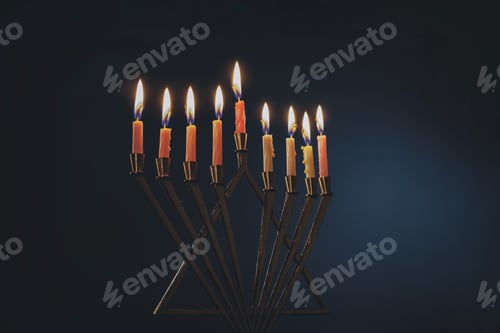 Preview: Menorah with colorful burning candles for Hanukkah on light blue background, close up