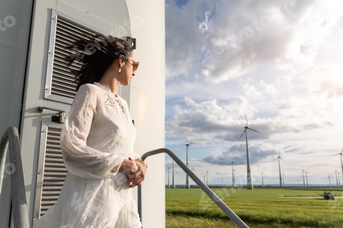 Preview: Young adult beautiful female model woman looking to agricultural farm rapeseed field in sunny day