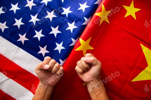 Preview: Fists showing resistance near united states and china flags symbolizing trade war