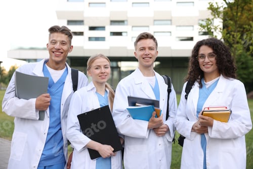 Preview: Medical students in uniforms with backpacks and notebooks outdoors, selective focus