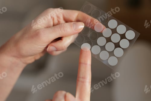 Preview: Applying Hydrocolloid Acne Patch On Finger Skincare Treatment Closeup