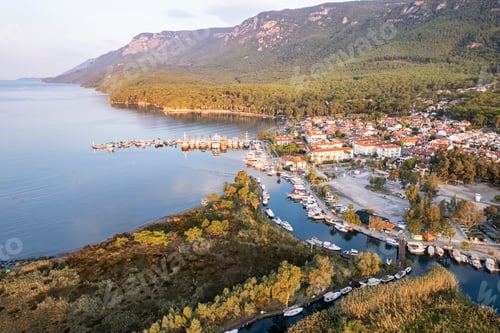 Preview: Akyaka is situated at the Gulf of Gokova. Beautiful beach and coast view. Aerial view of Akyaka.