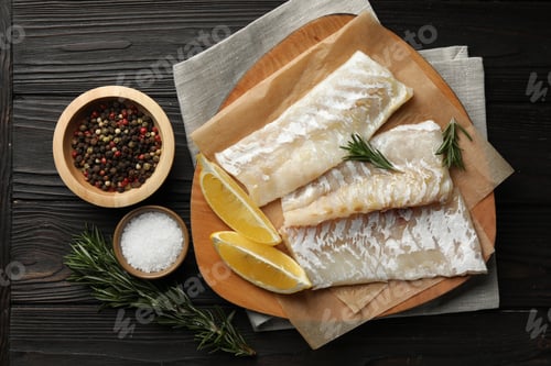 Preview: Fresh raw cod fillets, spices and lemon on wooden table, flat lay