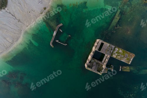 Preview: Aerial view of the lake by the underwater soviet prison in Rummu quarry, Estonia