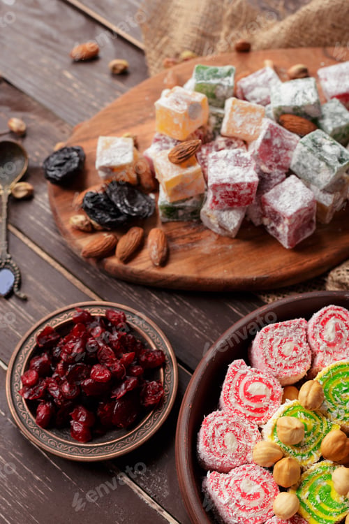 Preview: Turkish delight on a wooden table.