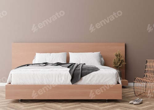 Preview: Empty wall in modern bedroom. Mock up interior in scandinavian, boho style. Empty, copy space