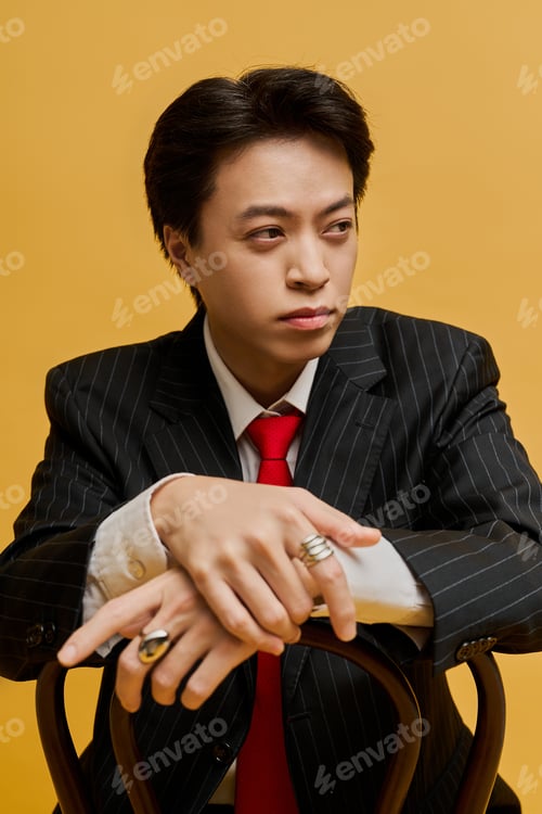 Preview: Confident young Asian businessman in a stylish suit in a vibrant studio