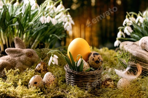 Preview: Easter card with blossom spring flowers snowdrops in forest
