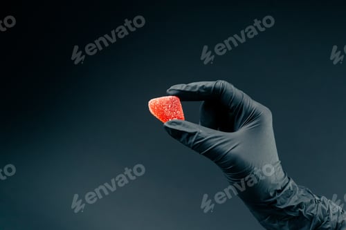 Preview: close-up on dark blue background with side lighting, a female hand in a black glove holds one red