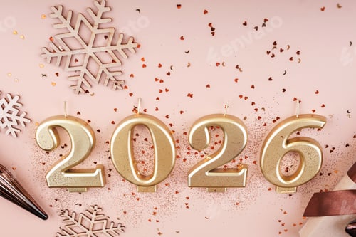 Preview: Close-Up of 2026 Gold Candles with Glitter and Snowflakes