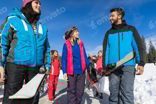 Preview: Group Of People Ski And Snowboard Resort Winter Snow Mountain Cheerful Happy Smiling Friends Talking