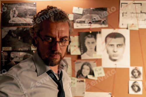 Preview: close up detective office middle aged investigator in shirt and tie wearing glasses standing near