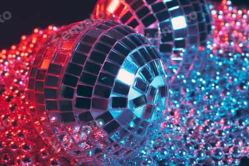 Preview: Shiny disco party background with mirror balls reflecting light
