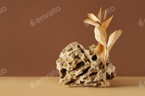 Preview: Stone podium mock up with dry leaves, mock up for product cosmetic
