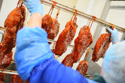 Preview: woman worker of a meat-packing plant hangs appetizing pieces of pork in tomato marinade and sesame