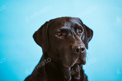 Preview: portrait of beautiful black labrador dog over blue background. Colorful, spring or summer concept